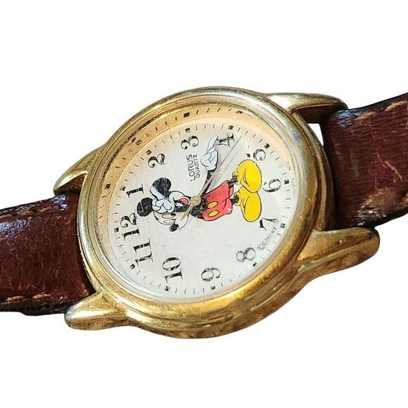 Vintage Lorus Mickey Mouse Watch Quartz Needs Battery Leather Strap White Gloves - Picture 10 of 10